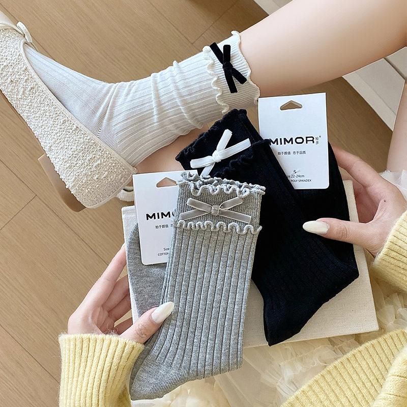 Female Spring and Autumn Pure Color Sweet Velvet Bow Double Wood Ear Edge In The Tube Pile Socks