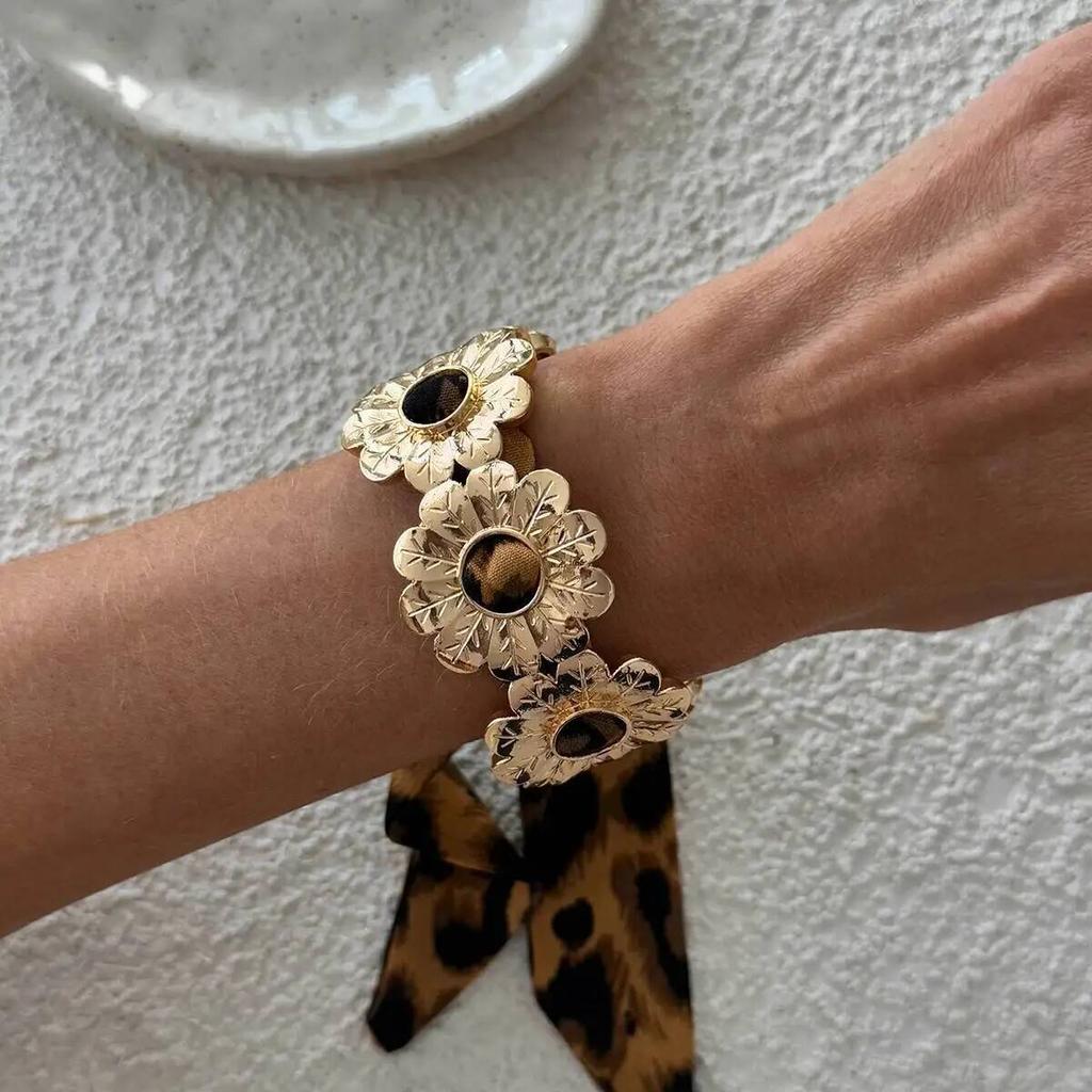 Salircon 7 Style Leopard Print Silk Scarf Cuff Bangle Retro Ethnic Style Polka Dot Ribbon-Wrapped Metal Wide Bracelet Wristband