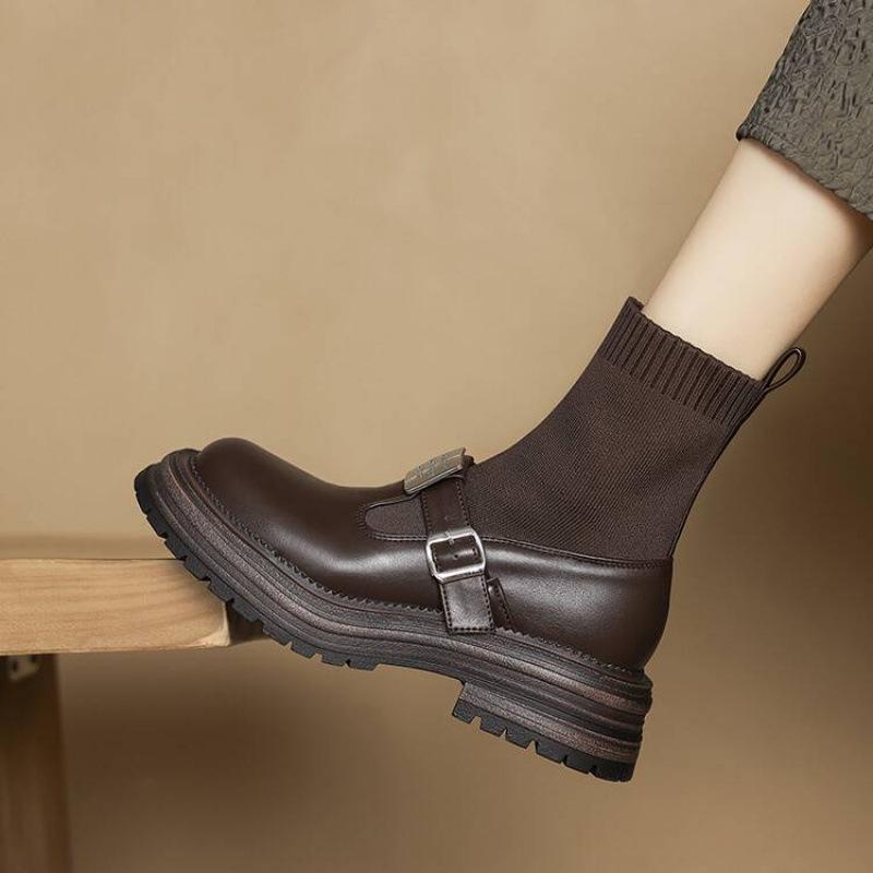 Autumn and winter women's medium heel thick-soled knight boots women's comfort sleeve medium boots leather women's boots Korean version large