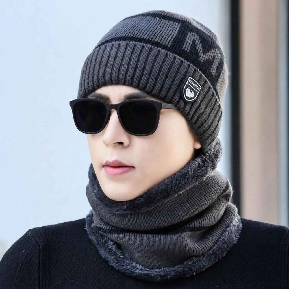 Plush Lined Knitted Beanie Set Windproof Winter Knit Headwear Set Cozy Neck Warmer Set  For Men
