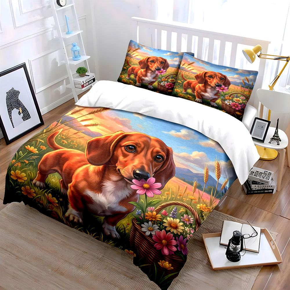 Dog And Flower Basket In Field Bedding Set For Kids Luxury Gift 3Pcs Digital Print Comforter Set Soft Comfortable Breathable