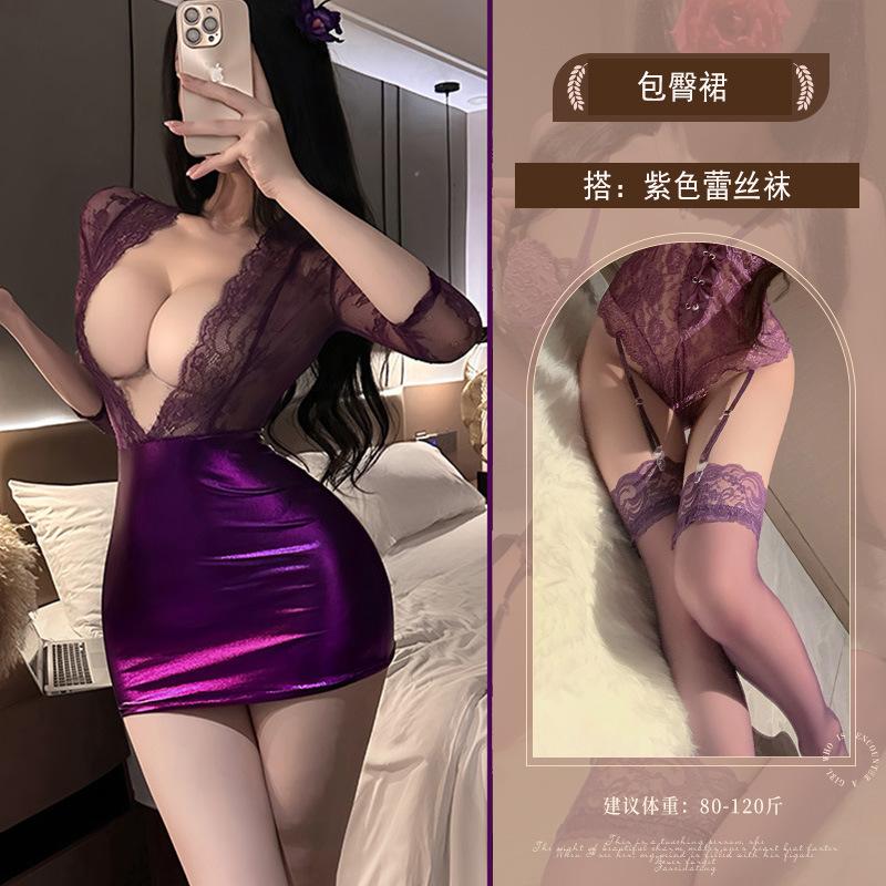 Super Cool Pu Pueple Patchwork Lace Mini Dress Mesh Transparent Sexy Uniform Women Lace Secretary Uniform Dress Elegant Top M3DX
