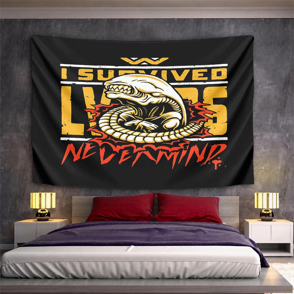 Xenomorph Chestburster I Survived LV 426 Alien Parody Wall Tapestry Yellow Red Horror Sci Fi Decor for Man Cave Gift