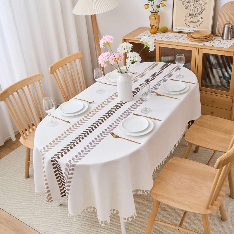 Oval Cotton Linen Blend Embroidered Tablecloth Waterproof Oil Resistant Heat Insulating Durable Coffee Table Dining