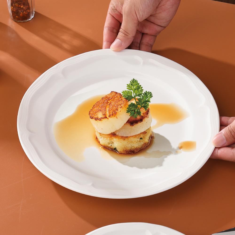 Simple Relief Ceramic Disc Creative Dessert Cake Breakfast Shallow Plate Western Steak Round Flat Plate Household Dish Plate