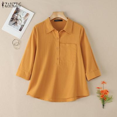 Women Turn Down Collar Casual 3/4 Sleeve Loose Blouse