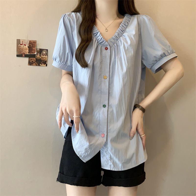 Colorful Button V-neck Women's Shirts Comfortable Casual Summer Blouse Korean Minimalist Versatile Ladies Clothing