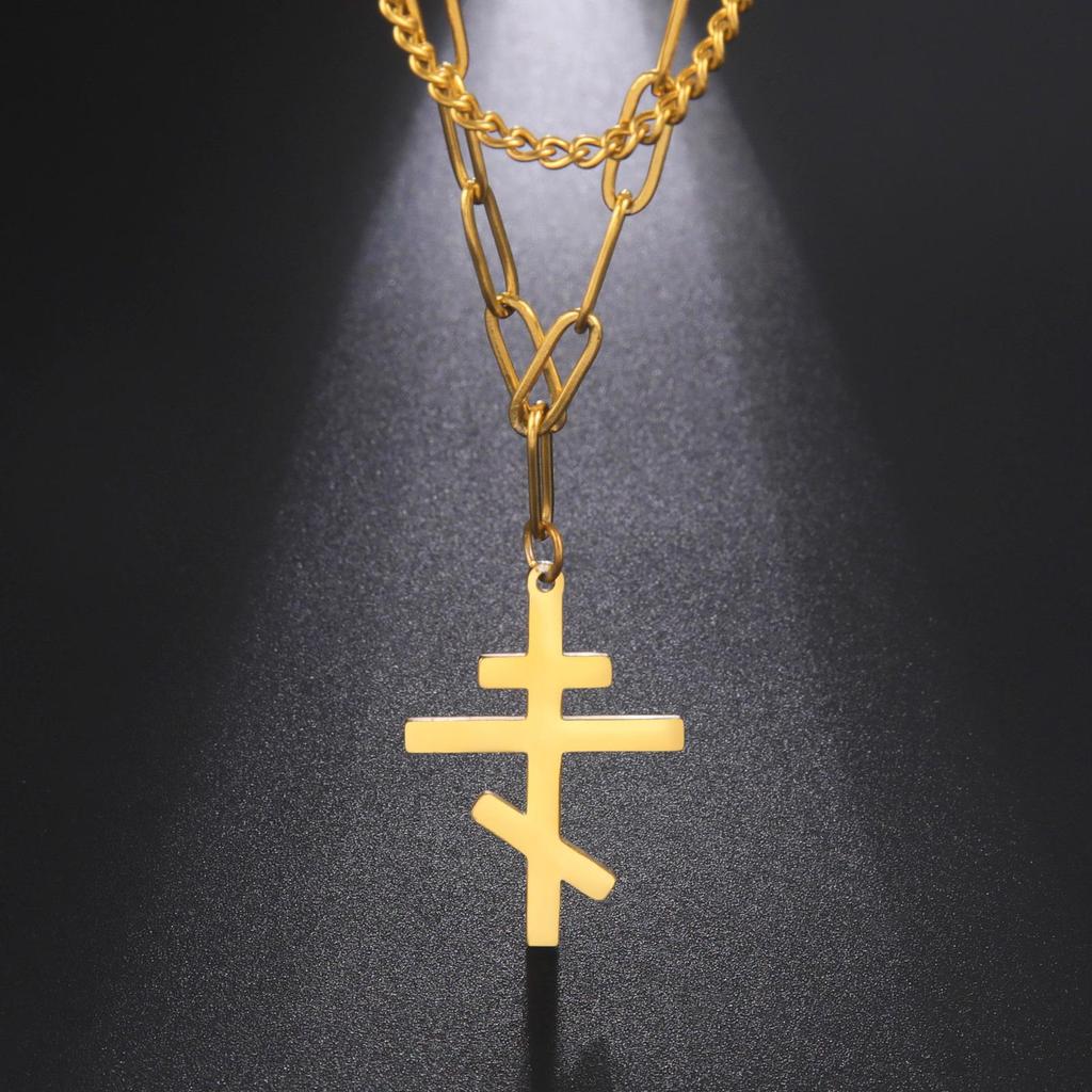 Ins Style Double Strand Eastern Orthodox Cross Necklace Titanium Steel Unisex