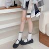 Women's Japanese Style Ribbed Stripe Mid-Calf Socks - Grey Patchwork Fake Two-Piece for Spring/Autumn Versatile Girly Fashion