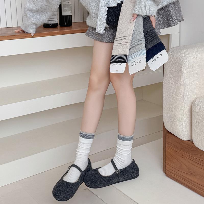 Women's Japanese Style Ribbed Stripe Mid-Calf Socks - Grey Patchwork Fake Two-Piece for Spring/Autumn Versatile Girly Fashion