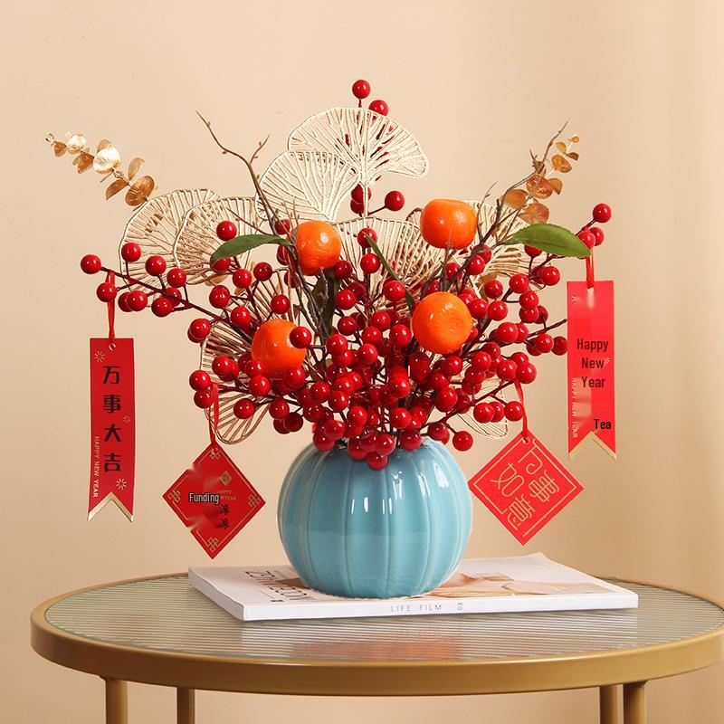 Luxurious Chinese-Style Pomegranate Fruit Arrangement: Faux Red Berries & Flowers for Living Room or Restaurant Decor