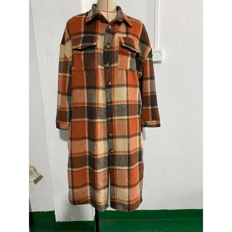 Women's Autumn Winter Plus-size Long Split Woolen Plaid Trench Coat