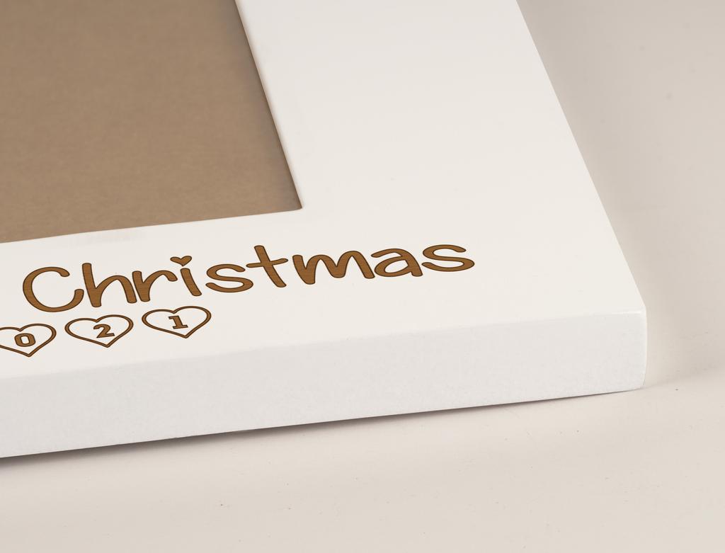 Darling Souvenir MADE WITH LOVE Personalized Wood Engraved Christmas Picture Frame, Table Top White Photo Frame (My First Christmas)