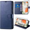 Case + 2 Tempered Glasses for Google Pixel 9, Wallet Protection Anti-Scratch PU Leather Navy Blue