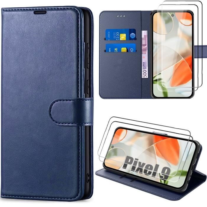 Coque + 2 Verres Trempés pour Google Pixel 9, Protection Portefeuille Anti-Rayures Cuir PU Bleu Marine
