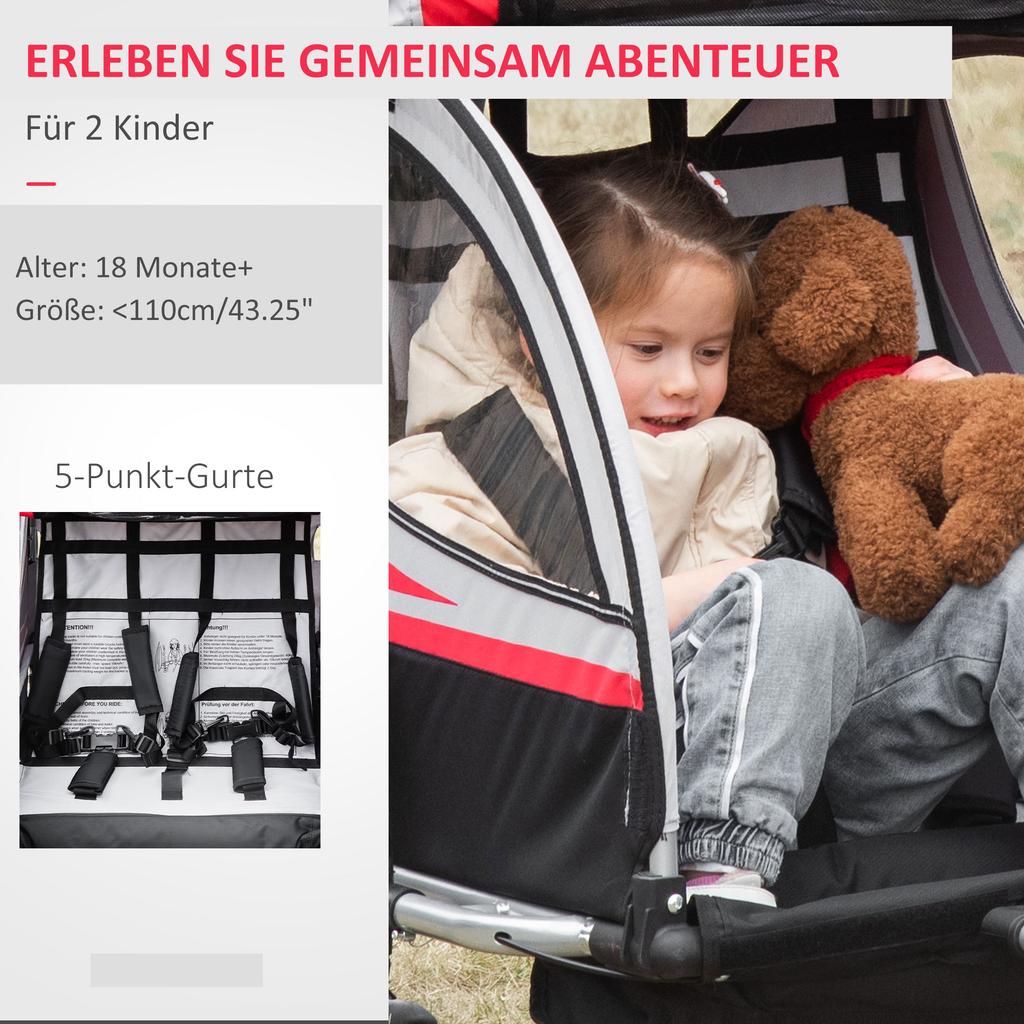 Carrellino Bici per Bambini, 2-in-1, Funzione Jogging, Telo Resistente alle Intemperie, Telaio in Acciaio, Rosso+Nero, 142 x 75 x 101cm