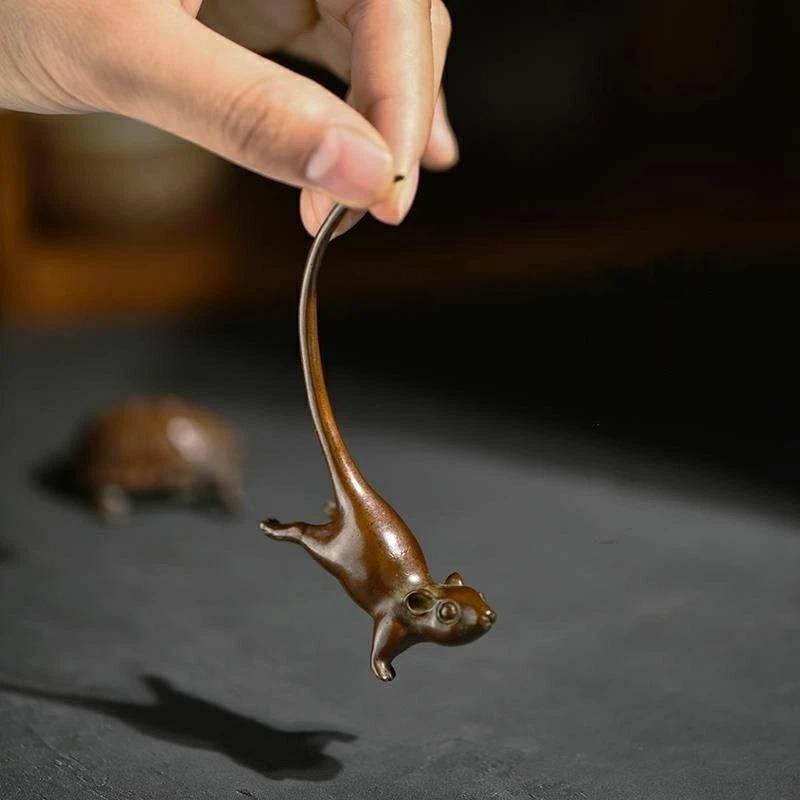 Miniatura de Rato de Cauda Longa Estilo Chinês Pet de Chá Vintage Ornamento de Rato de Cobre Puro Acessórios de Decoração para Casa