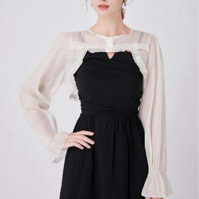 Cuello Falso Blanco de Manga Larga Capa Pequeña para Camisa de Mujer Cuello Desmontable Media Camisa Desmontable Estilo Blusa Cuello Falso