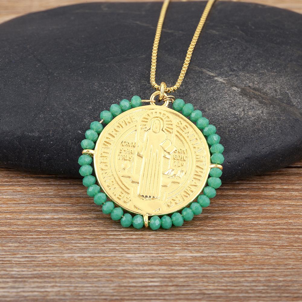 

Nidin New Creative Design Round Shape Inlaid Beads Charm Pendant Necklace For Women Men Religious Style Jewelry Accessories Gift