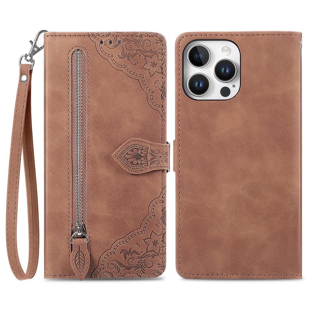 

For iPhone 16 Pro Max Zipper Wallet Case with Strap Flower Imprint PU Leather Phone Cover Brown