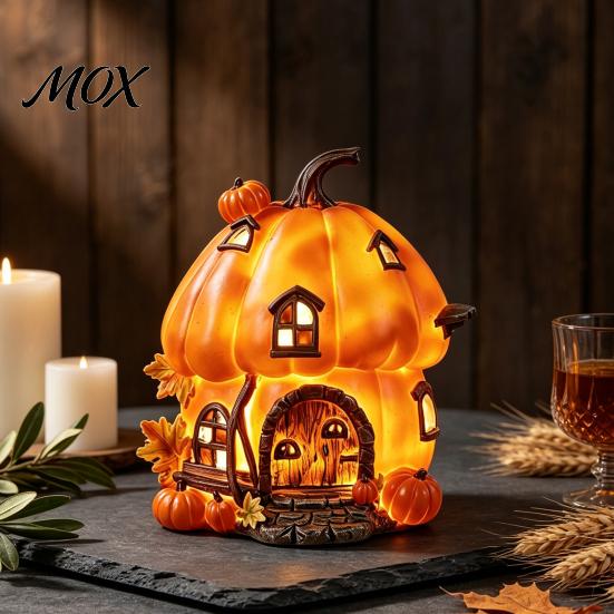 Halloweenová dekorace Lampa Rozsvěcující se Pryskyřice Dýňový Dům Figurka, Chaloupka Noční Světlo, Útulná Podzimní Sklizeň Dekorace na Stůl pro Domácí Večírek Výlohu