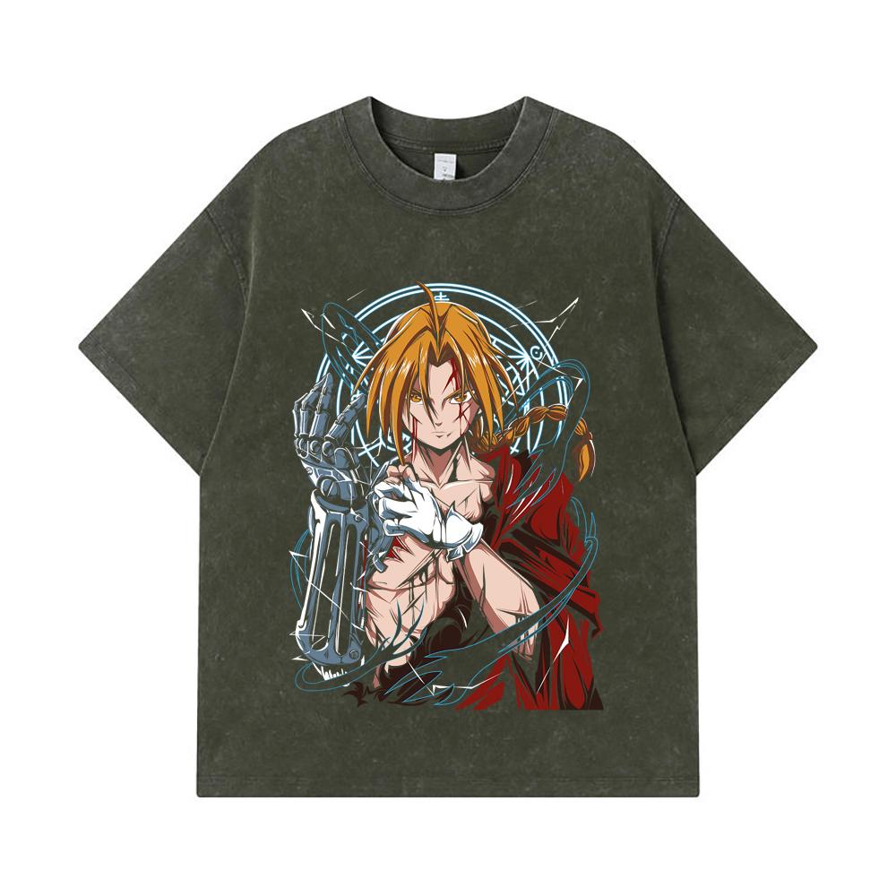 275 GSM Washed T-shirts 100% Cotton Fullmetal Alchemist V6 Edward Print Unisex Heavy Cotton T Shirt S