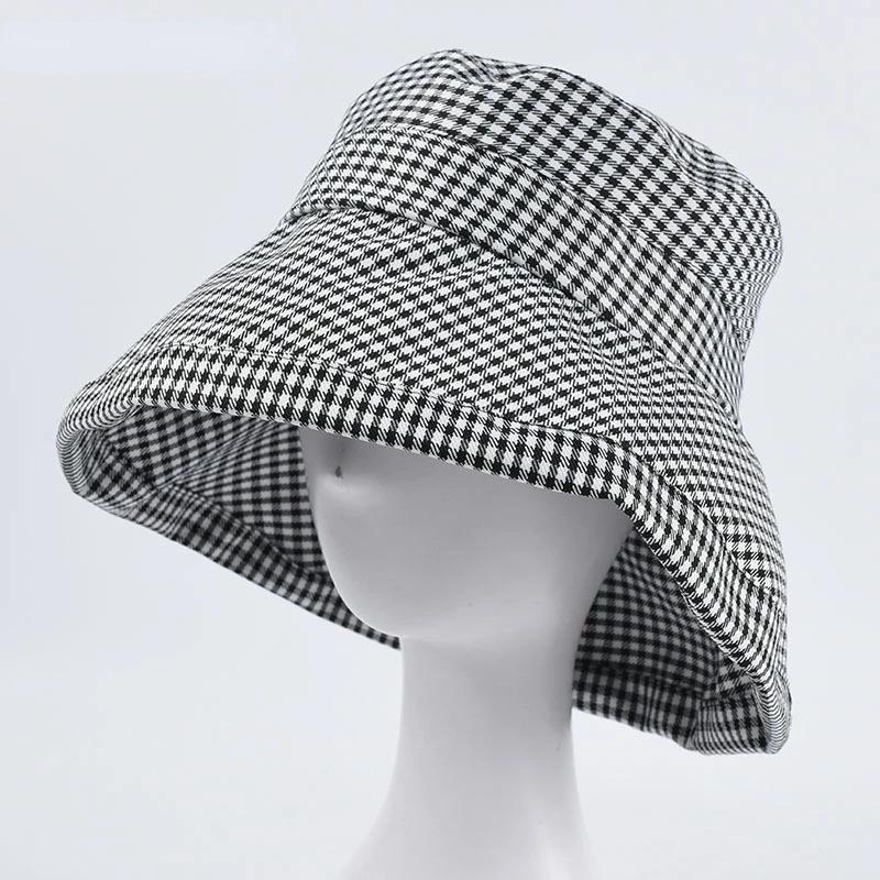 Summer Plaid Girl Fisherman Hat Ladies Foldable Sun Beach Shade Ladies Cotton Outdoor Protective Sun Hat