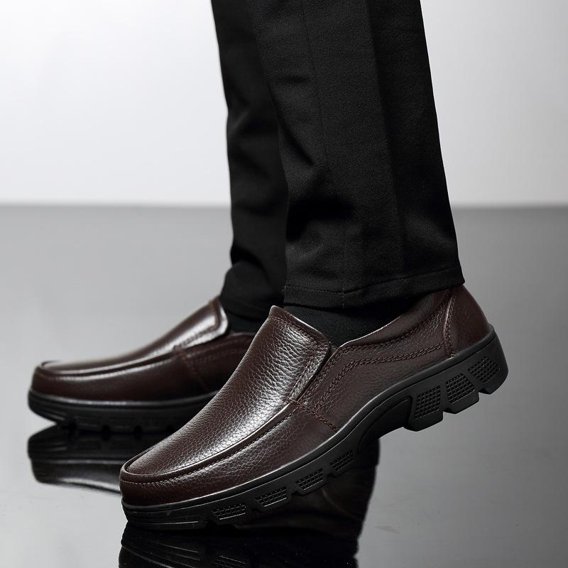 Men's Round Toe Cowhide Loafers - Slip-On, Thick Sole, Breathable, Low Heel Casual Shoes