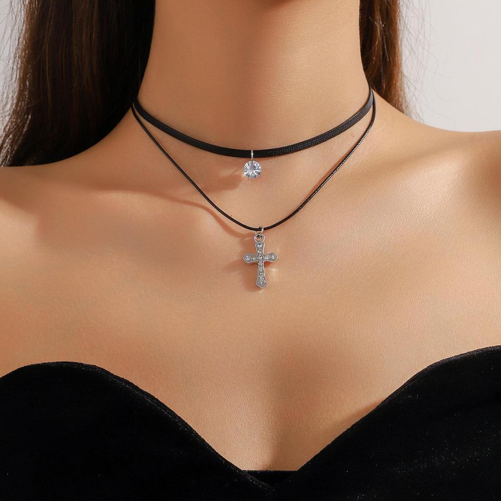 Black Leather Rope Necklace Female Double Neck Strap Collarbone Chain Simple Mori Temperament Neck Chain Cross Pendant