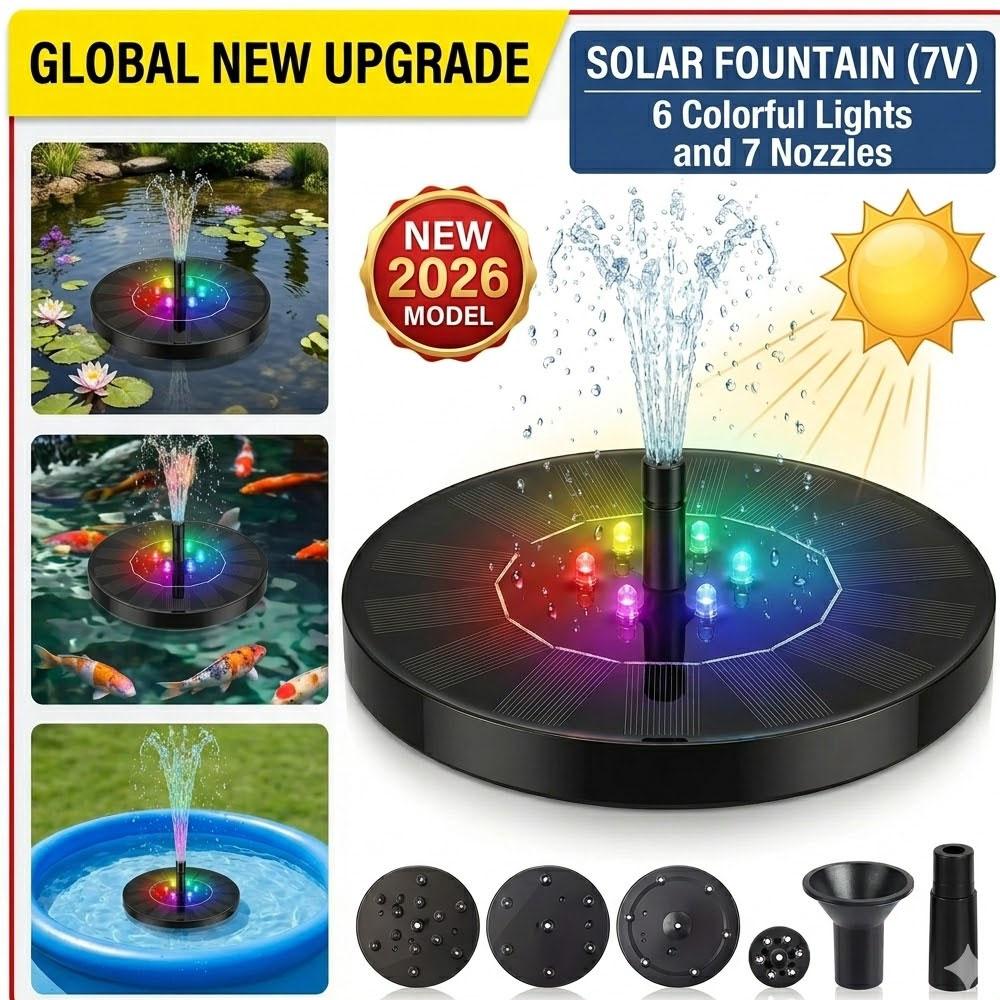 Solar Powered Water Fountain Garden Solar Fountain Pump with Colorful Light Show and 7 Nozzles Outdoor Decoration for Bird Bath