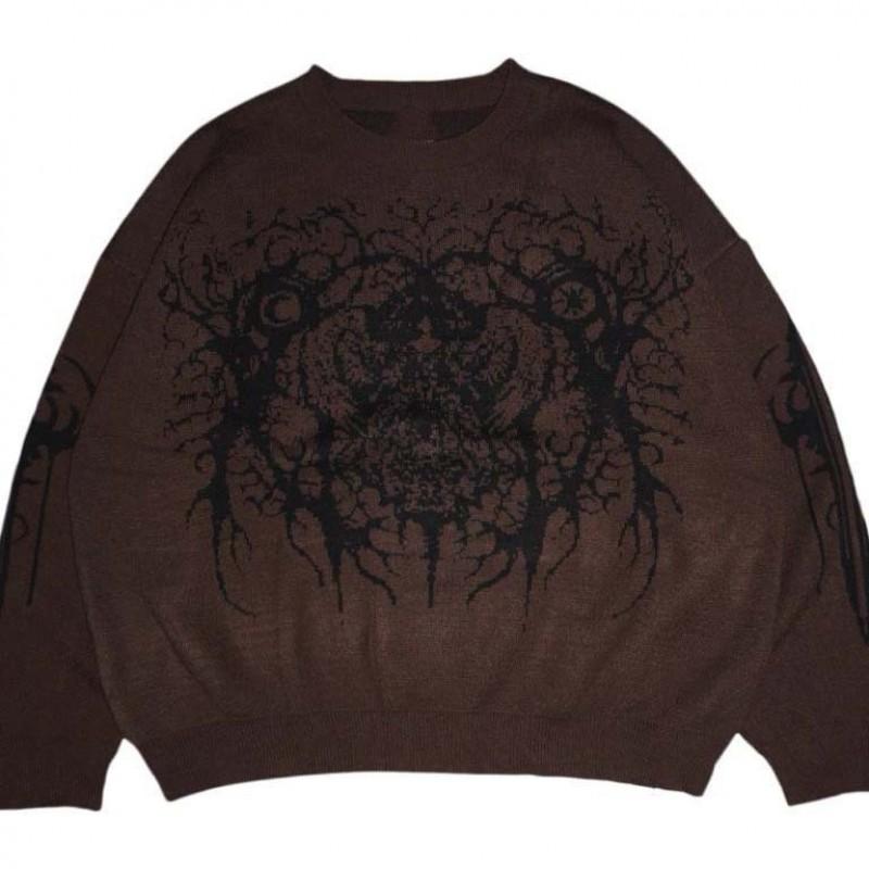 Womens Oversized Streetwear Knit Sweater With 3D Tribal Jacquard Coffee Color Fall Winter 2025