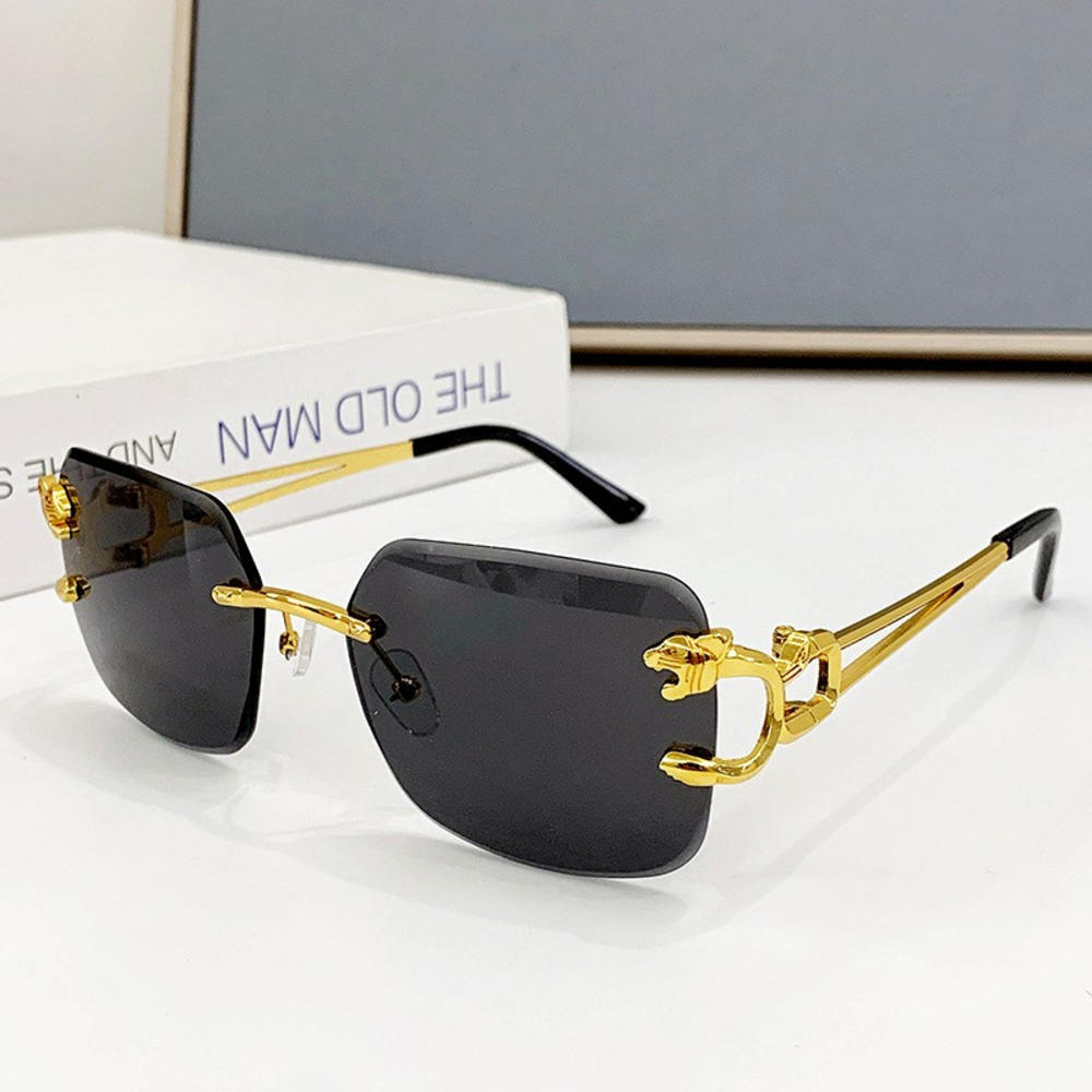 Gafas de Sol Cuadradas Vintage Sin Montura Mujer Hombre Lujo Populares Viaje Conducir Metal Cabeza de Leopardo Gafas de Sol UV400