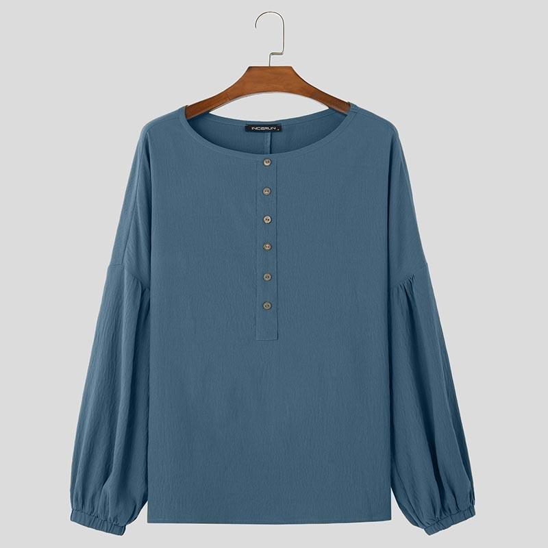 

INCERUN Чоловічі сорочки великого розміру з круглим вирізом і довгими рукавами, повсякденні вільні однотонні топи S синій