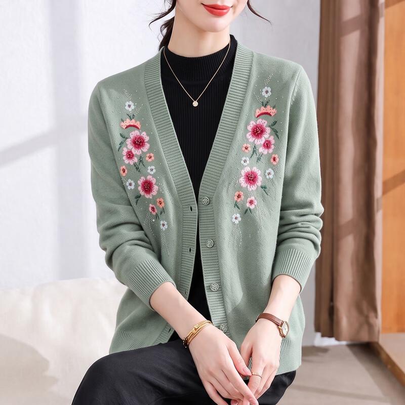 Hengyuanxiang Women's Embroidered V-Neck Knitted Cardigan