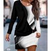 DAFIFY Women's Fashion Spring Fall Colour Block Print Long Sleeve O-Neck Loose Waistline Casual Dresses