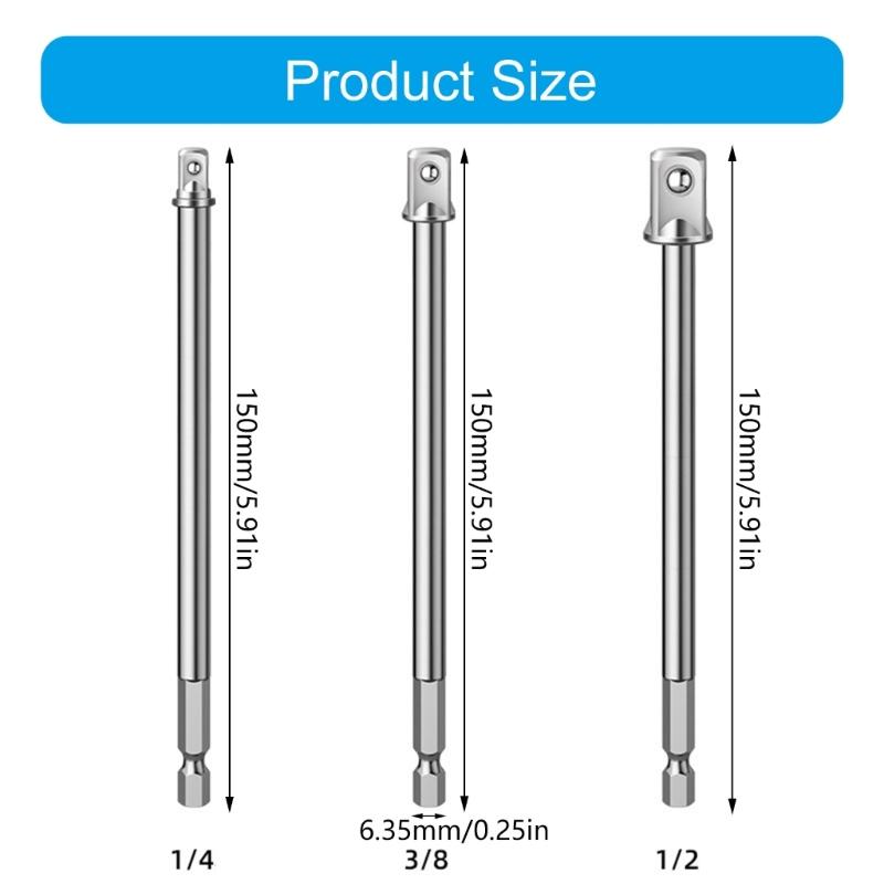 Pack Of 3 Hexagonal Shank Square Drive Socket Adapter Extension Bar 150mm 1/4", 3/8", 1/2" For Power Drill And Auto Repair
