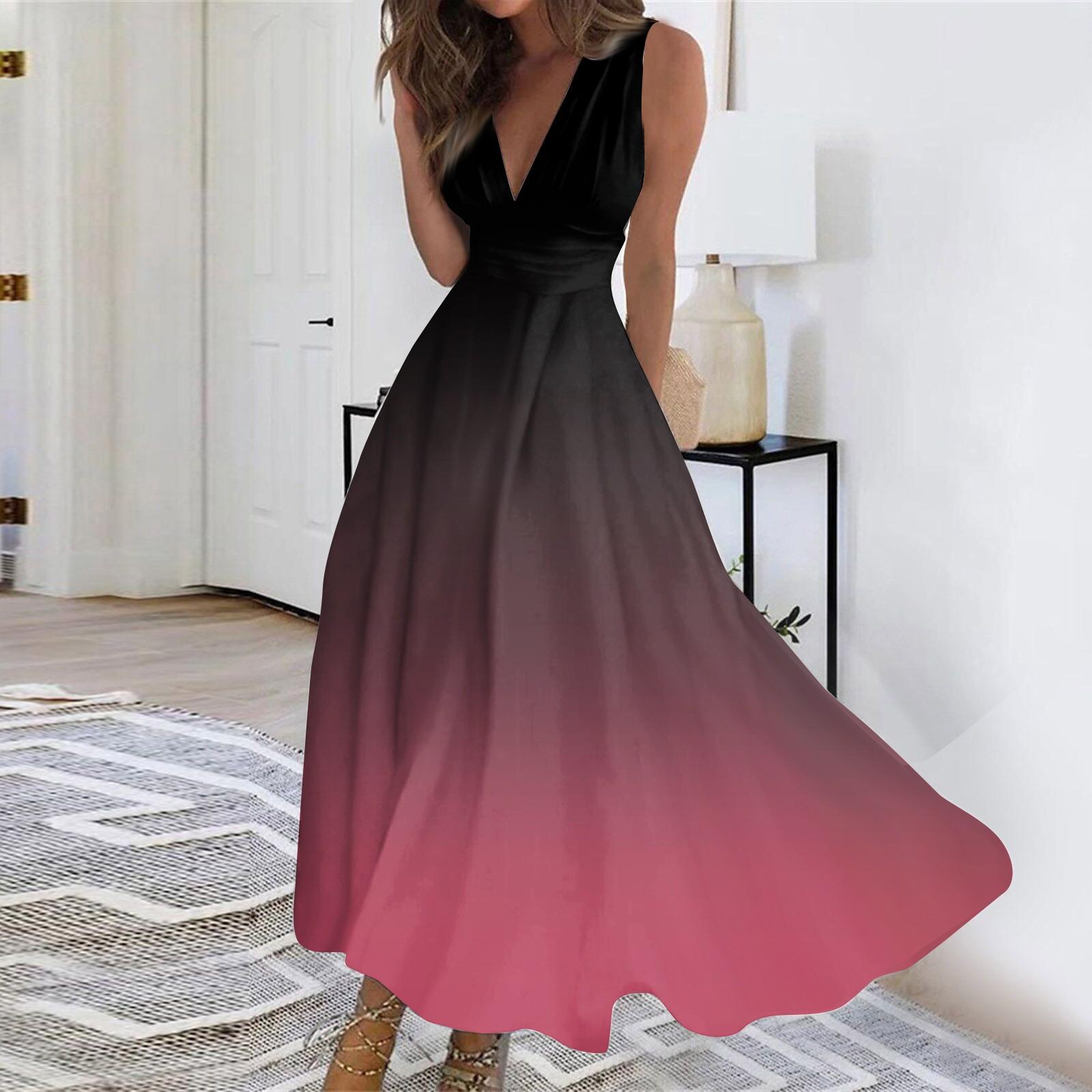 

Женское длинное платье Платье макси Повседневное платье Свободное платье Платье трапециевидной формы Модная уличная одежда Платье без рукавов с v-образным вырезом и принтом даты S розовый