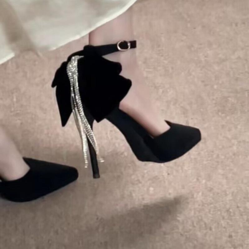 Fashion Women's Slim Heel Shoes Autumn New Pointy Shallow Mouth After The Suede Butterfly Knot Anti-slip Wear-resistant High Heels
