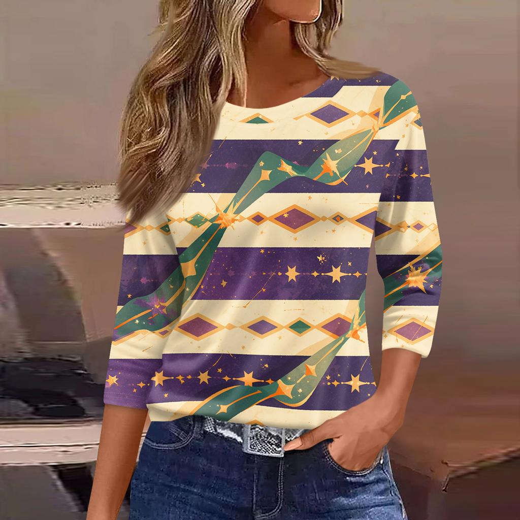 3/4 Length Sleeve Womens Tops Floral Print Vintage Fashion Casual Loose With Round Neck Plus Size Shirts