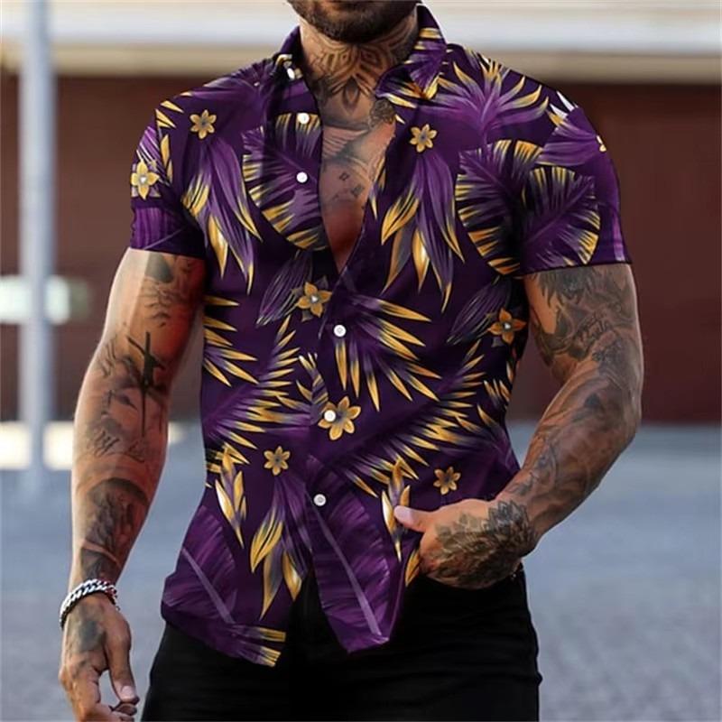 Golden Flower Plant Printing Shirt Summer Hawaiian Beach Vacation Clothing Men's Fashion Street Style Shirt Daily Men's and Women's Shirt