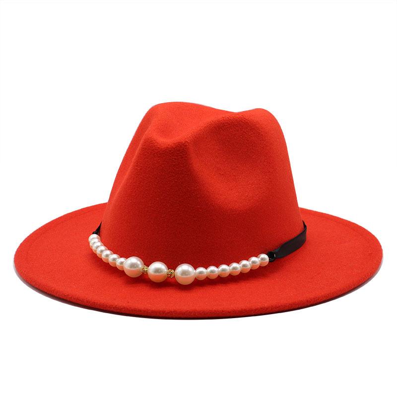 Damen Woll-Jazzhut, britischer klassischer Flachhut, großer Traufenhut, modischer Zylinder mit Perlenschleife