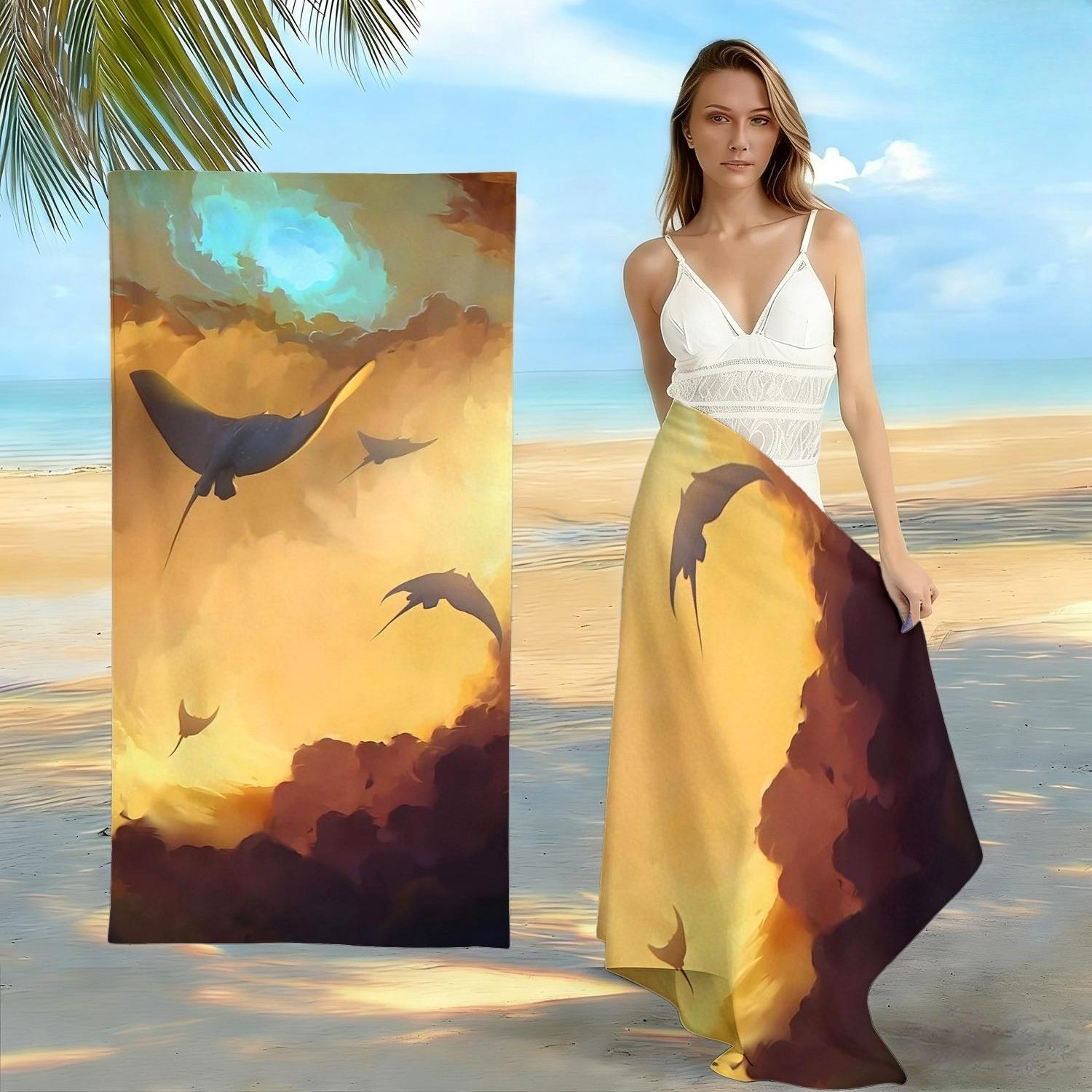 

Artistic Manta Ray Beach Towel, Sunset Flying Rays Print Oversized Bath Towel, Soft Quick Dry Summer Beach Blanket 1pcs W30*H60(CM)