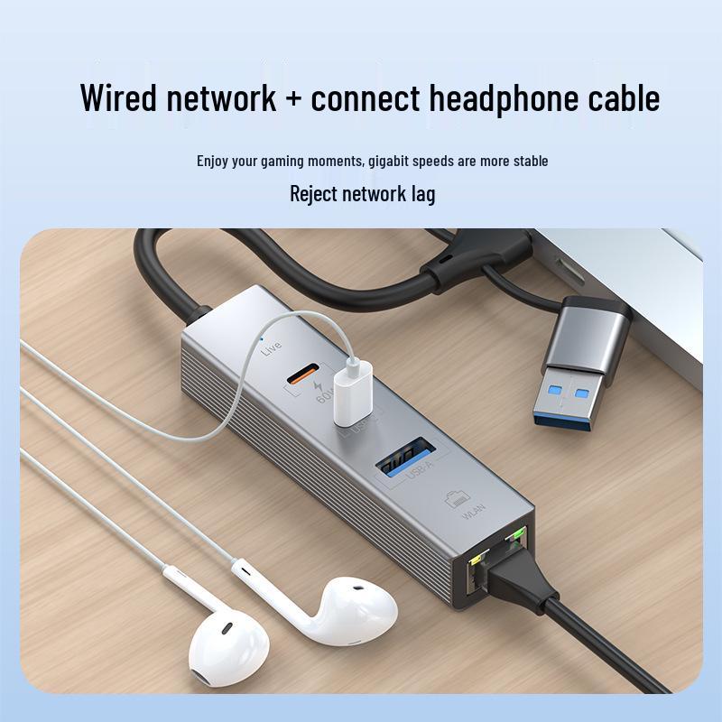 USB Hub with 100M Network Card - Driver-Free, Three-in-One, Laptop Multifunctional Extender