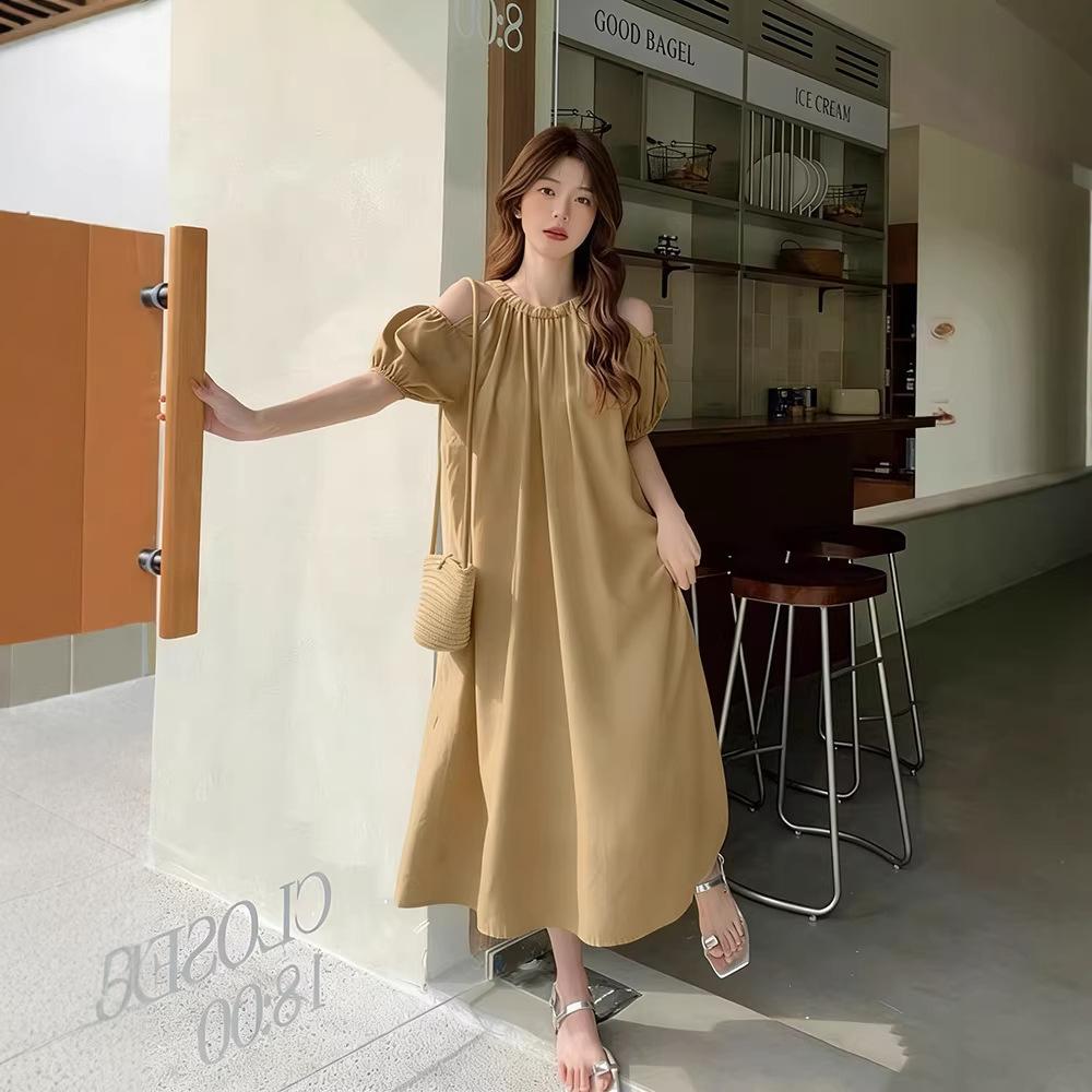 Summer French off-the-shoulder bubble sleeve dress, large size women's clothing, covering the belly and showing thinness, loose temperament medium an