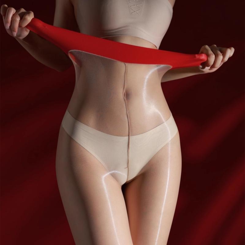 Red Nude High Waist Patchwork Pantyhose 3D Summer Slim-fit Smooth Nylon Tights One Line Crotch Oil Glossy Transparent Underwear