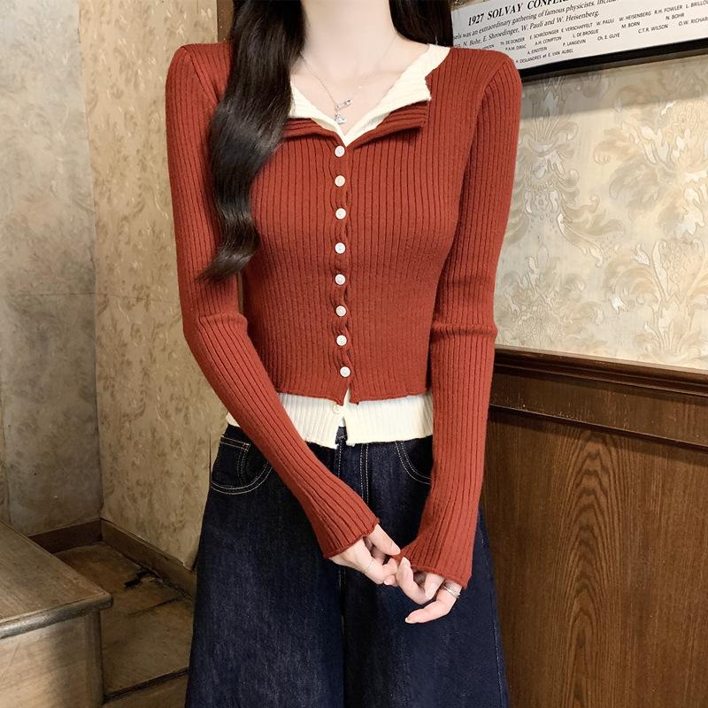 

V-neck Autumn Fake Two-piece Long-sleeved Short Slim-fit Autumn Early Autumn Sweater Sweater Underwear for Women S