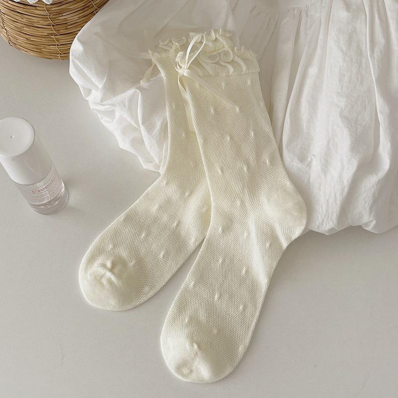 Ladies Spring and Summer Thin Bow Lovely Ballet Style White Tube Stack Socks