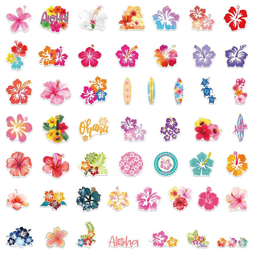 50Pcs Summer Hawaii Hibiscus Flowers Cartoon Stickers Decoration Luggage Phone Guitar Scrapbook Waterproof Sticker Kid Toys