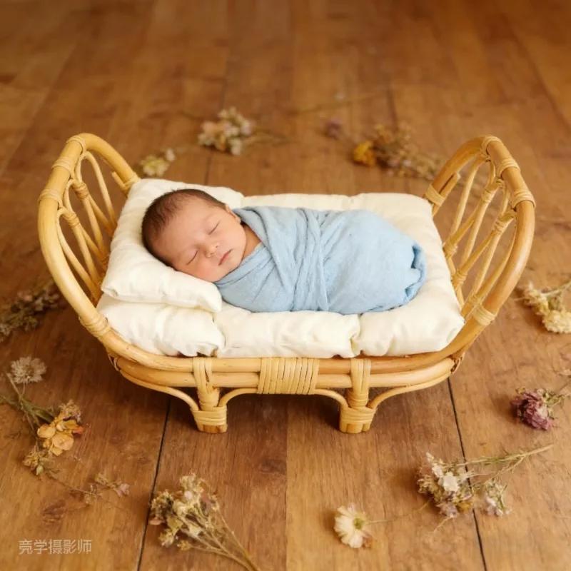 1pc Handmade Vintage Rattan Posing Bed Infant Photography Prop Studio Photo Background Accessory Baby Boy Girl Photo Shoot Tool