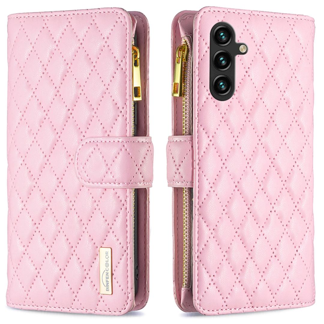 

BINFEN COLOR BF Style-15 For Samsung Galaxy A16 5G/A16 4G Leather Case Zipper Pocket Rhombus Phone Cover Pink